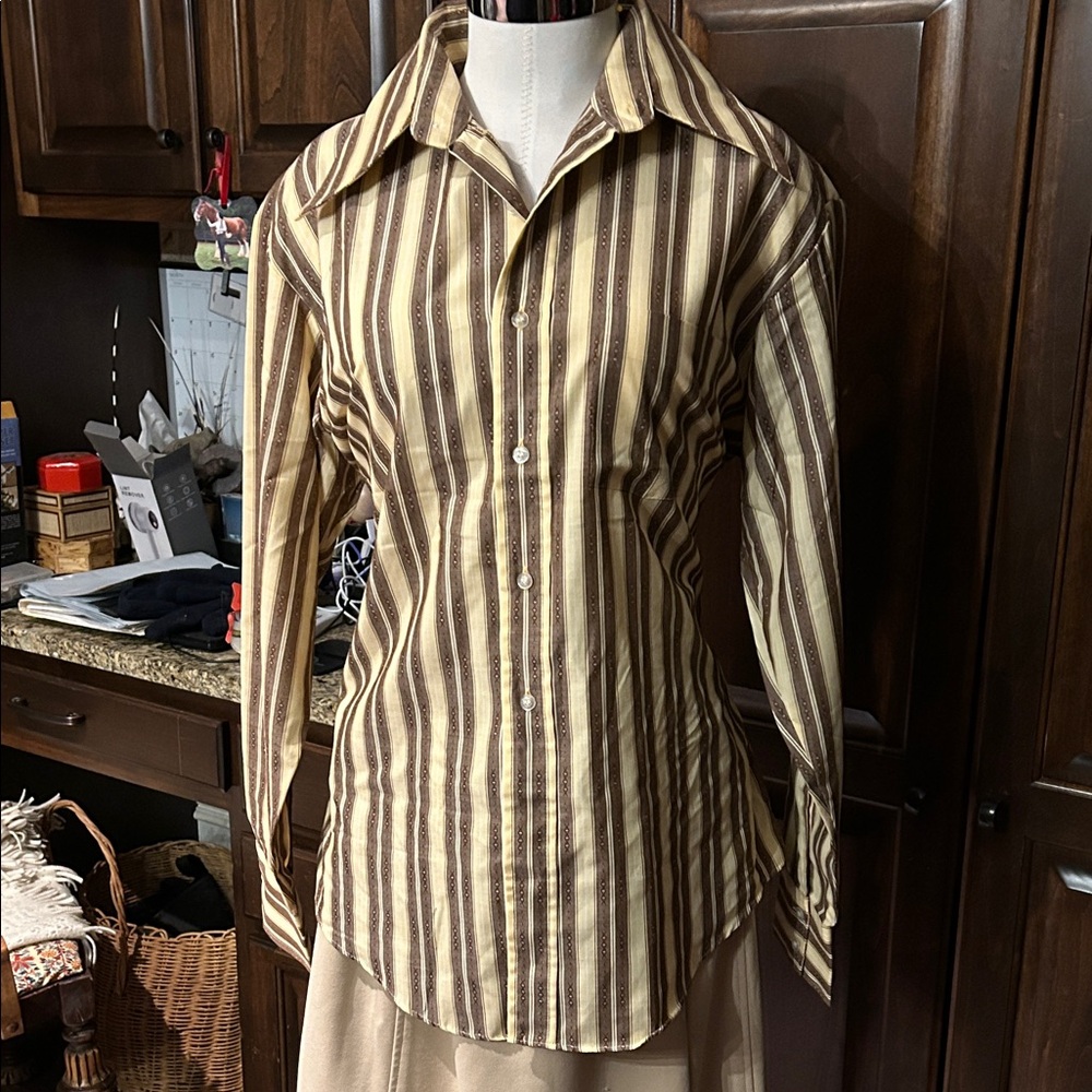 Vintage 1970’sSz L Kings Road Shop for Sears Striped Brown and Cream Men's Shirt